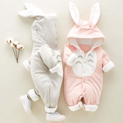 Soft Cotton Baby Jumpsuit - Cozy Romper for Infants featuring cute bunny design in pink and gray.