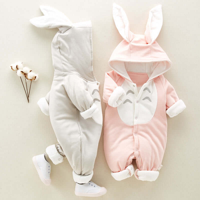 Soft Cotton Baby Jumpsuit - Cozy Romper for Infants - Cute bunny ear design in pink and grey for toddlers.
