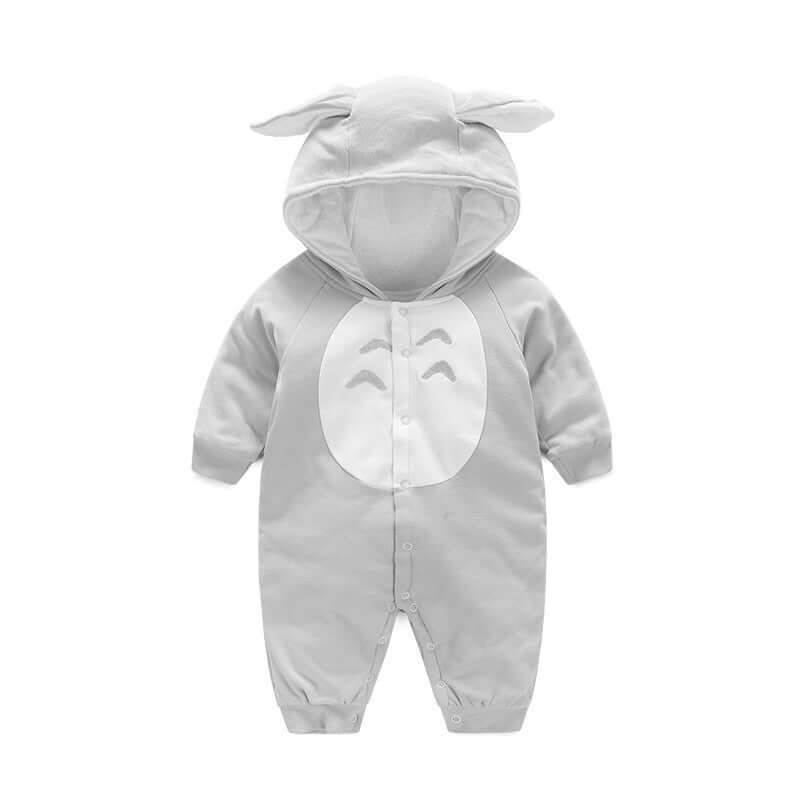 Soft Cotton Baby Jumpsuit - Cozy Romper for Infants - Gray with Hood and Ears