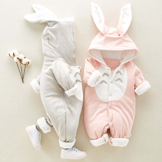 Soft Cotton Baby Jumpsuit - Cozy Romper for Infants in pink and gray with bunny ears | Shop Name
