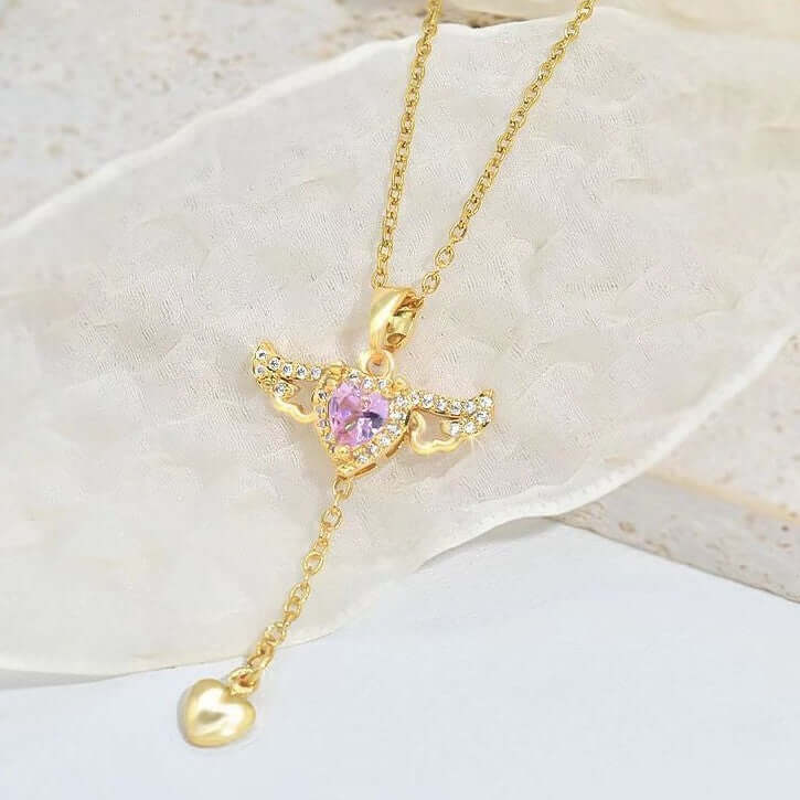 Moving Cupid Heart Angel Wings Tassel Necklace With Crystal – Necklace | Shop Name