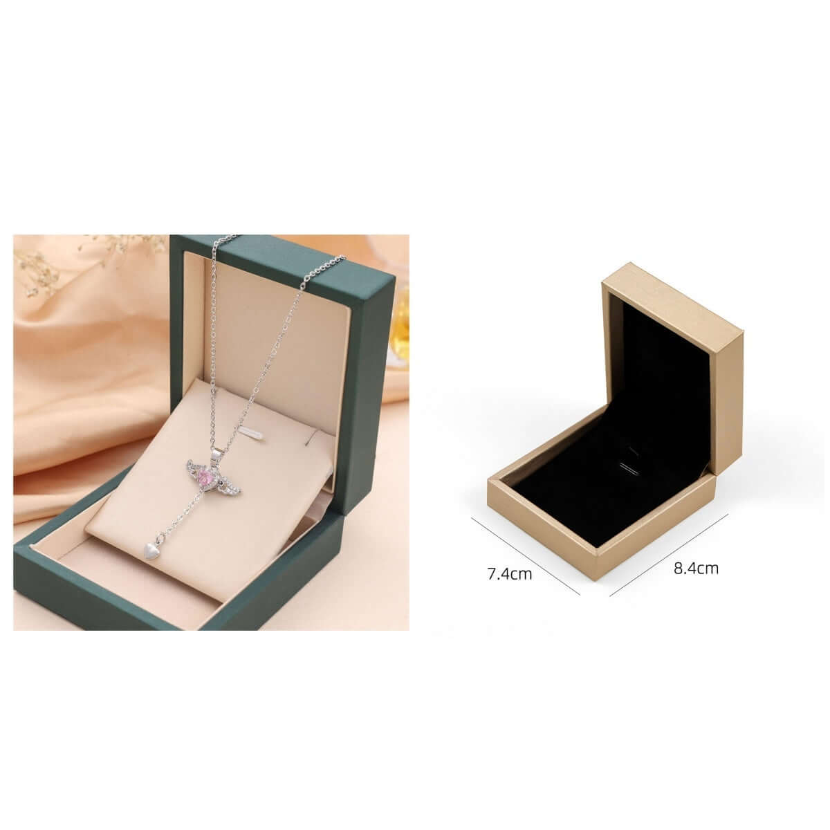 Moving Cupid Heart Angel Wings Tassel Necklace With Crystal displayed in elegant jewelry box.