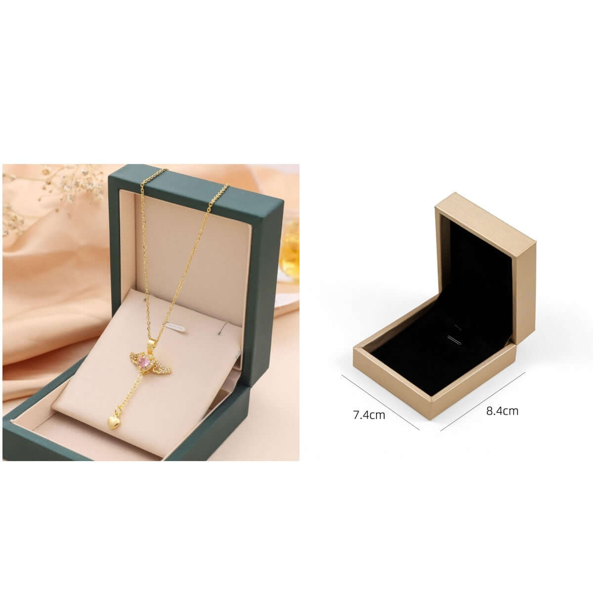 Moving Cupid Heart Angel Wings Tassel Necklace With Crystal displayed in an elegant gift box.