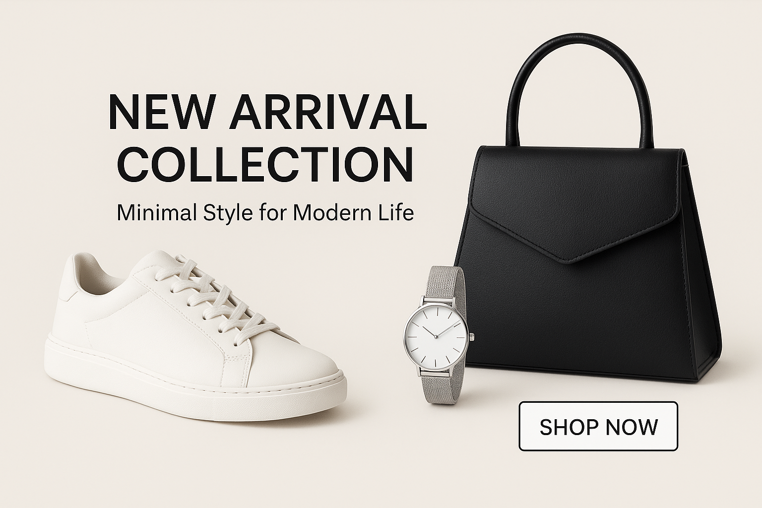 GloBivo new arrivals banner – premium handbag, sneakers and watch for modern lifestyle