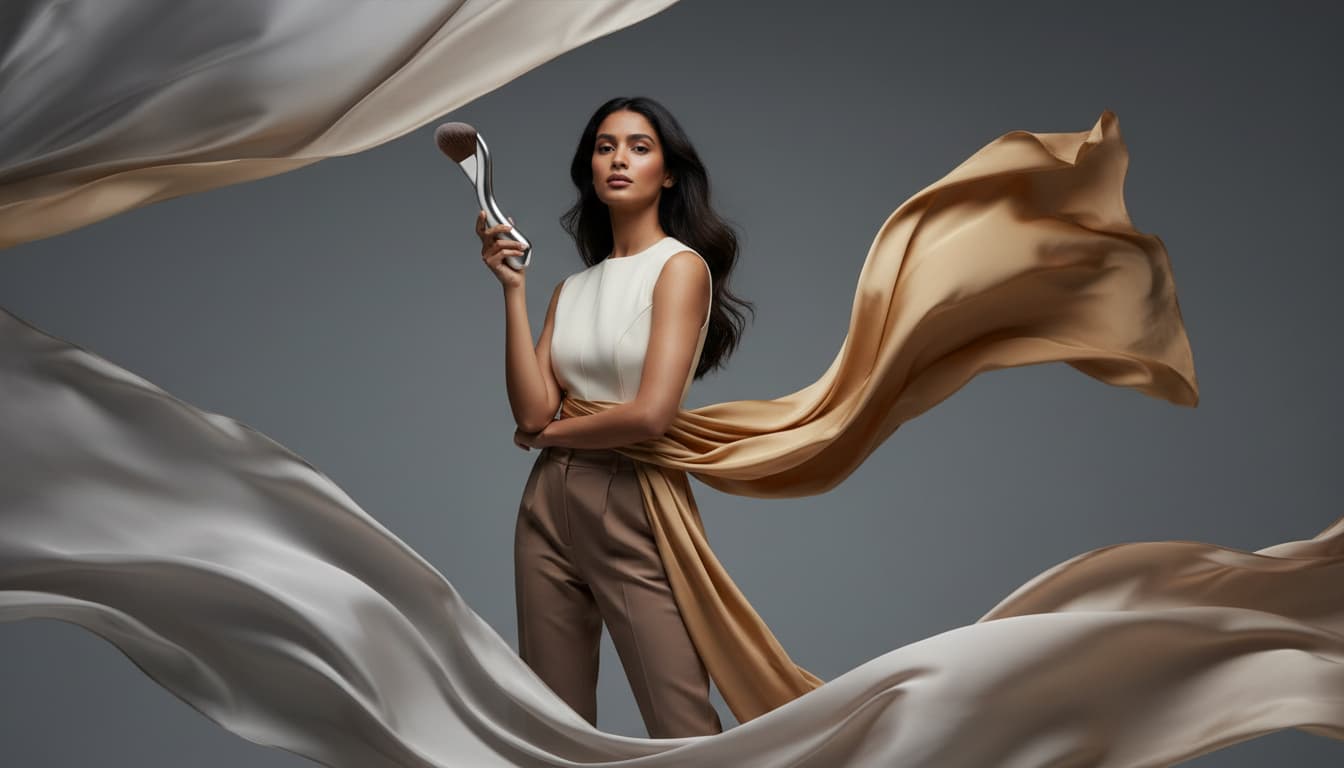 Woman holding a large, flowing fabric against a gray background