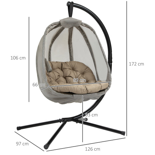 Outsunny Hanging Egg Chair, Folding Texteline Swing Hammock With Side Pocket, Cushion And Stand For Indoor Outdoor, Patio Garden Furniture, Khaki