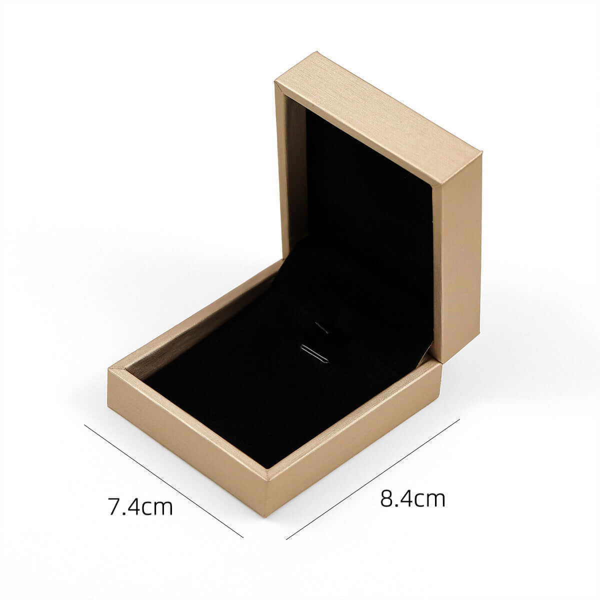 Empty gold jewelry box dimensions 7.4cm x 8.4cm for packaging gifts and accessories.